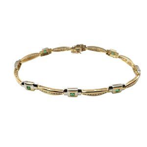 Vintage 14 Karat Yellow Gold Natural Emerald and Diamond Bracelet #11733